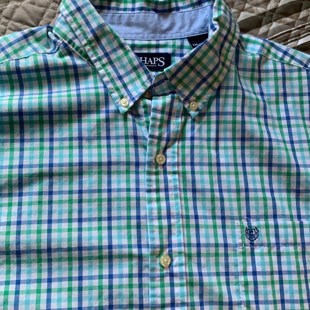 CHAPS Casual Button Down Green and Blue Plaid Men's Shirt EUC